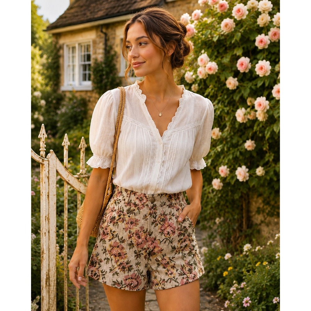 High Waist Floral Shorts in Beige - Women's Summer Shorts